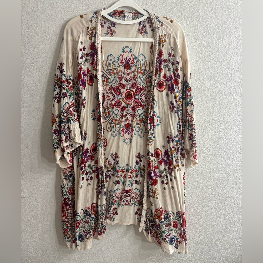 Bila Multicolor Cream Floral Kimono Cardigan Boho Hippie 3/4 sleeves Woman M/L